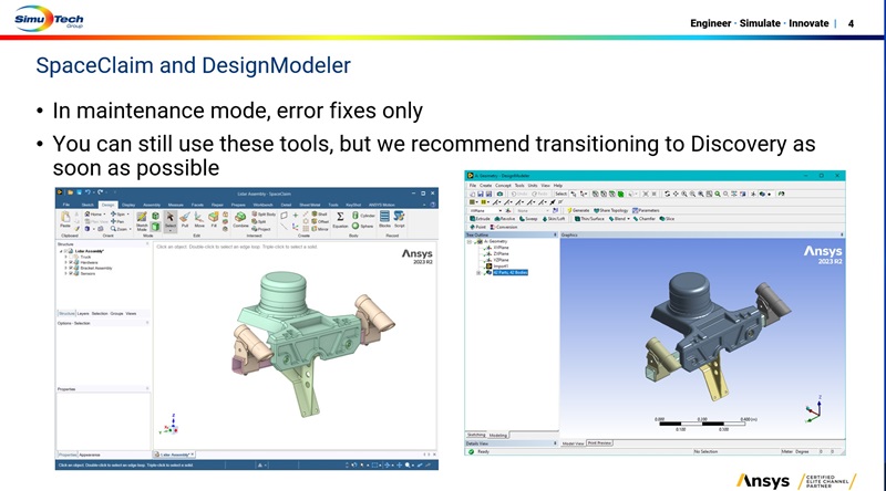 screen grabs of SpaceClaim and Modeler on slidedeck slide advising users to move to Ansys Discovery