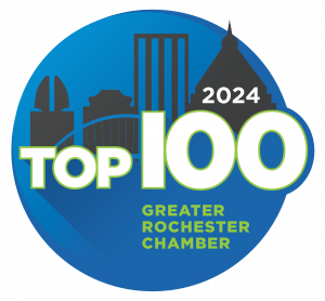 Rochester Chamber Top 100 graphical artwork in blue and black with skyline silhouette