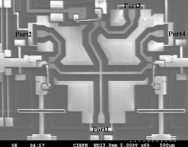 An SEM picture of the fabricated SP3T switch occupying an area of 3.3 mm X 2.9 mm.