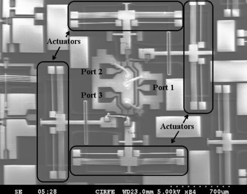 An SEM picture of the fabricated SPDT switch occupying an area of 2 mm X 2.2 mm.