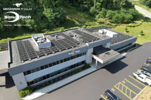 aerial view of SimuTech group headquarters with solar panels on the roof promoting our renewable energy consulting services