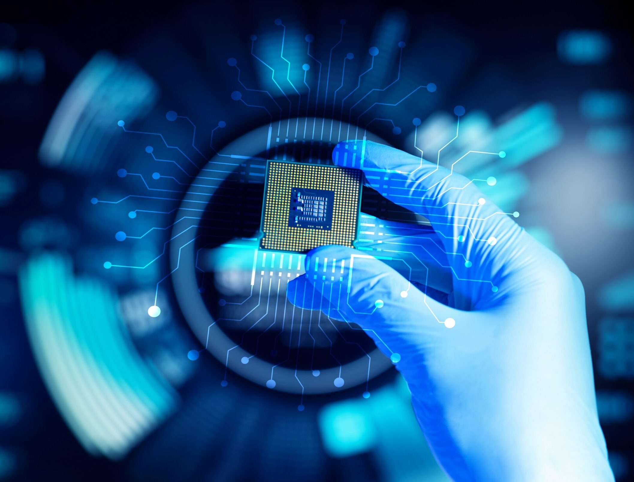 quantum computing checkerboard scientist in lab holding microchip