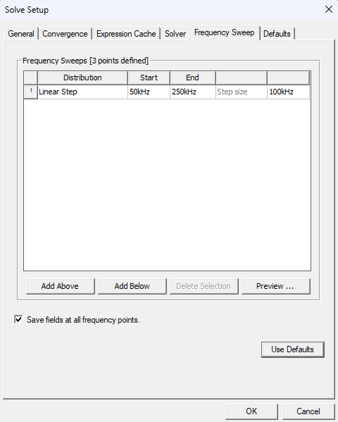 Frequency Sweep-1 setup window Ansys Electronics Transformer ACT