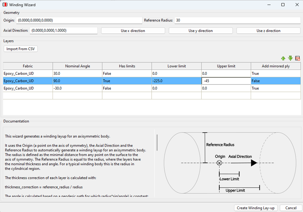 Ansys ACP composite tank modeling Winding Wizard setup screen