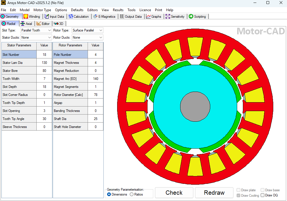 electric motor thermal simulation in Motor-Cad in red and yellow, with accents of green and blue