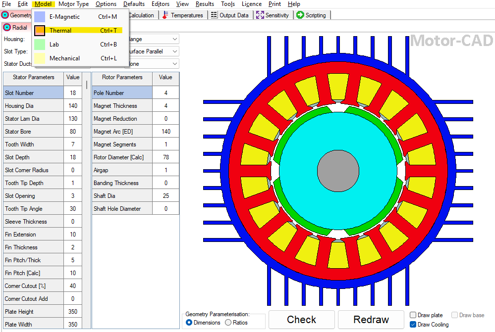 electric motor thermal simulation in blue, red, and yellow with green accents