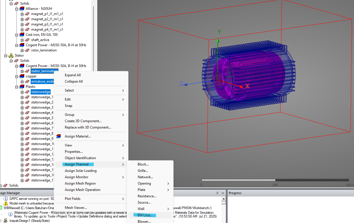 electric motor thermal simulation icepak settings screen assigning boundary conditions