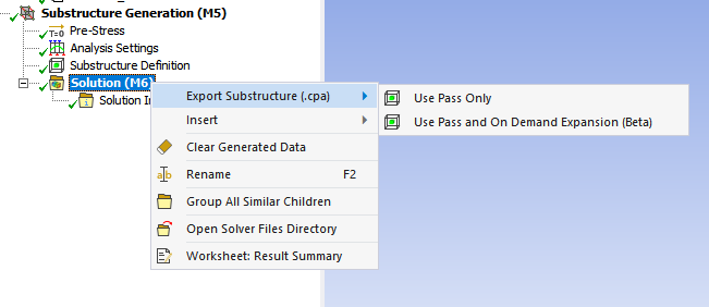 Substructure export settings in Ansys Mechanical