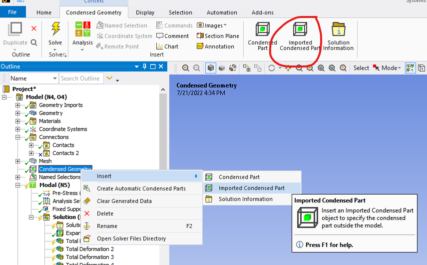 Insert Imported Condensed Part option in Ansys Mechanical
