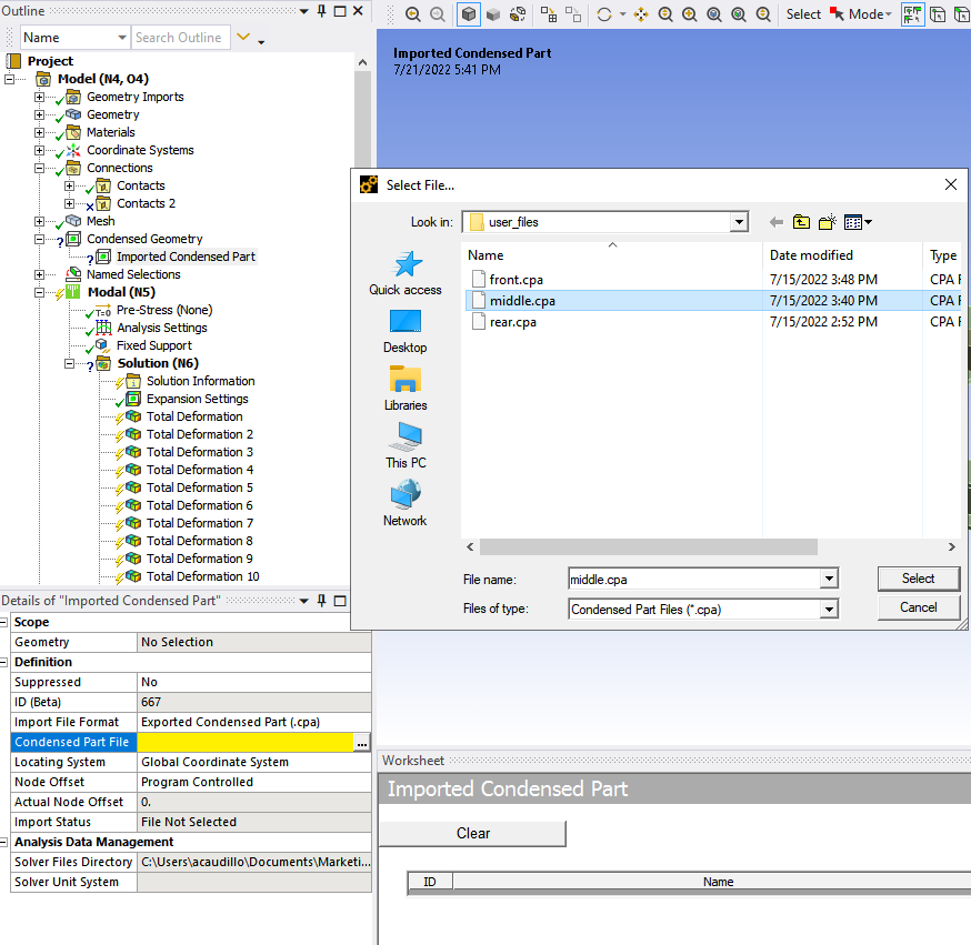 Imported Condensed Part details in Ansys Mechanical