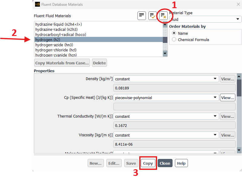 Fluent Database workflow showing hydrogen selected and copied Ansys Fluent real gas mixture blog
