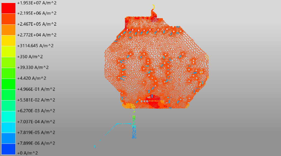 Figure 4. Surface Current Density Showing Current Crowding and Hotspots