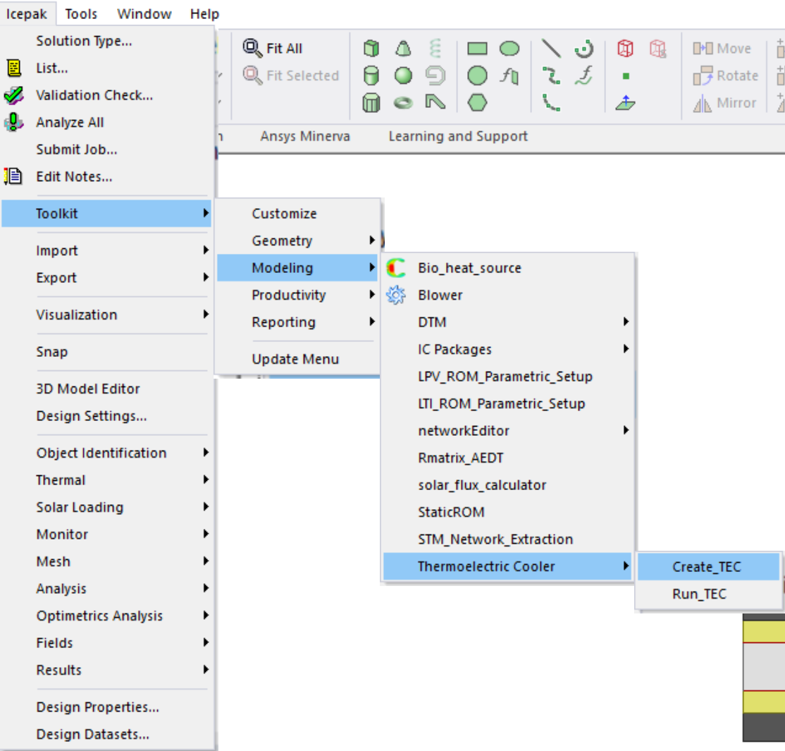 Figure 2. Navigating to the Thermoelectric Cooler toolkit in AEDT Icepak (Icepak → Toolkit → Modelling → Thermoelectric cooler).