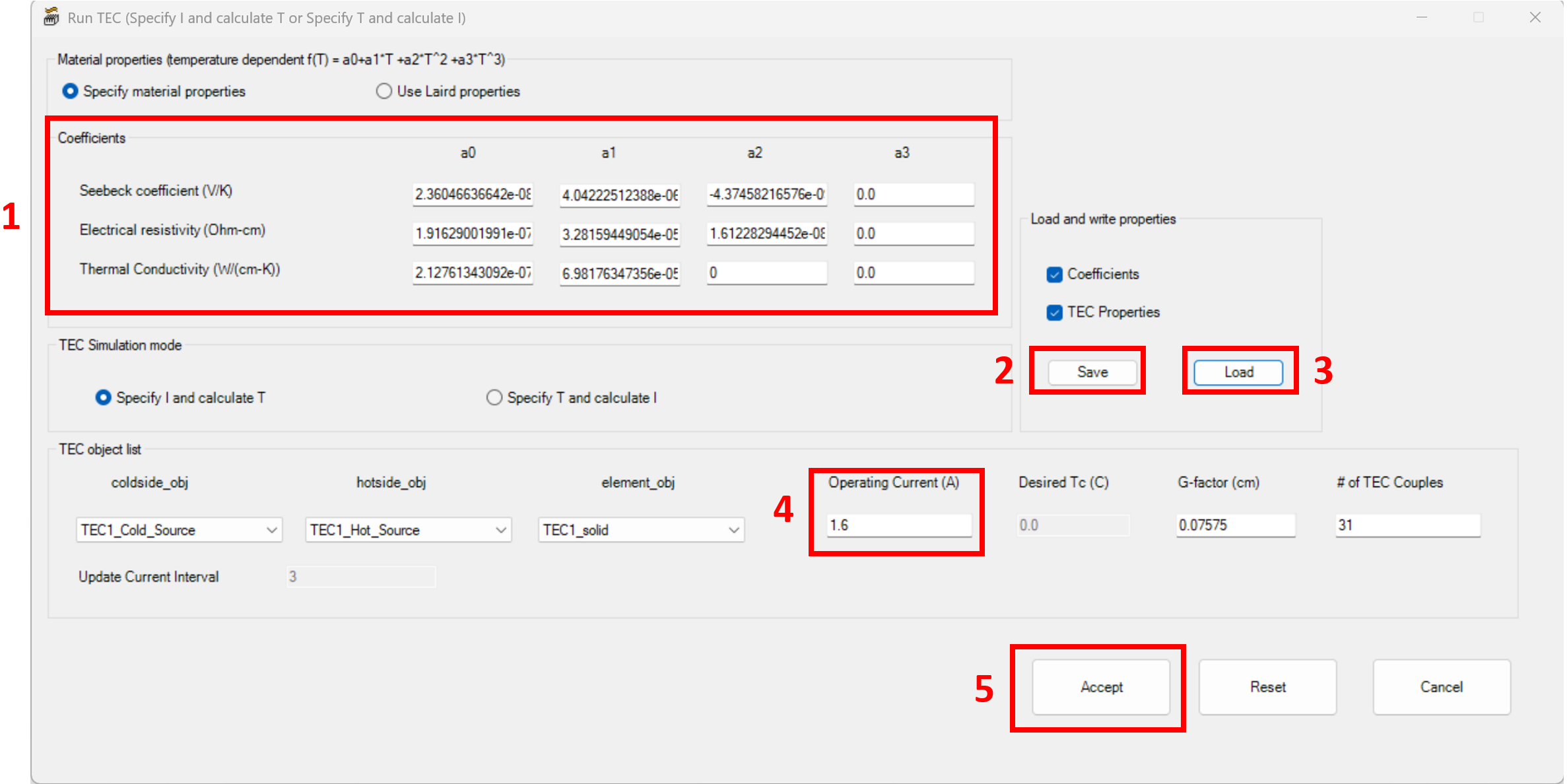 Figure 4. Run_TEC dialog window. 1. Boxes to input material coefficients, 2. Save button to save setup, 3. Load button to load TEC setup, 4. Box to define operating current, and 5. Accept button to run the TEC macro and run the simulation.