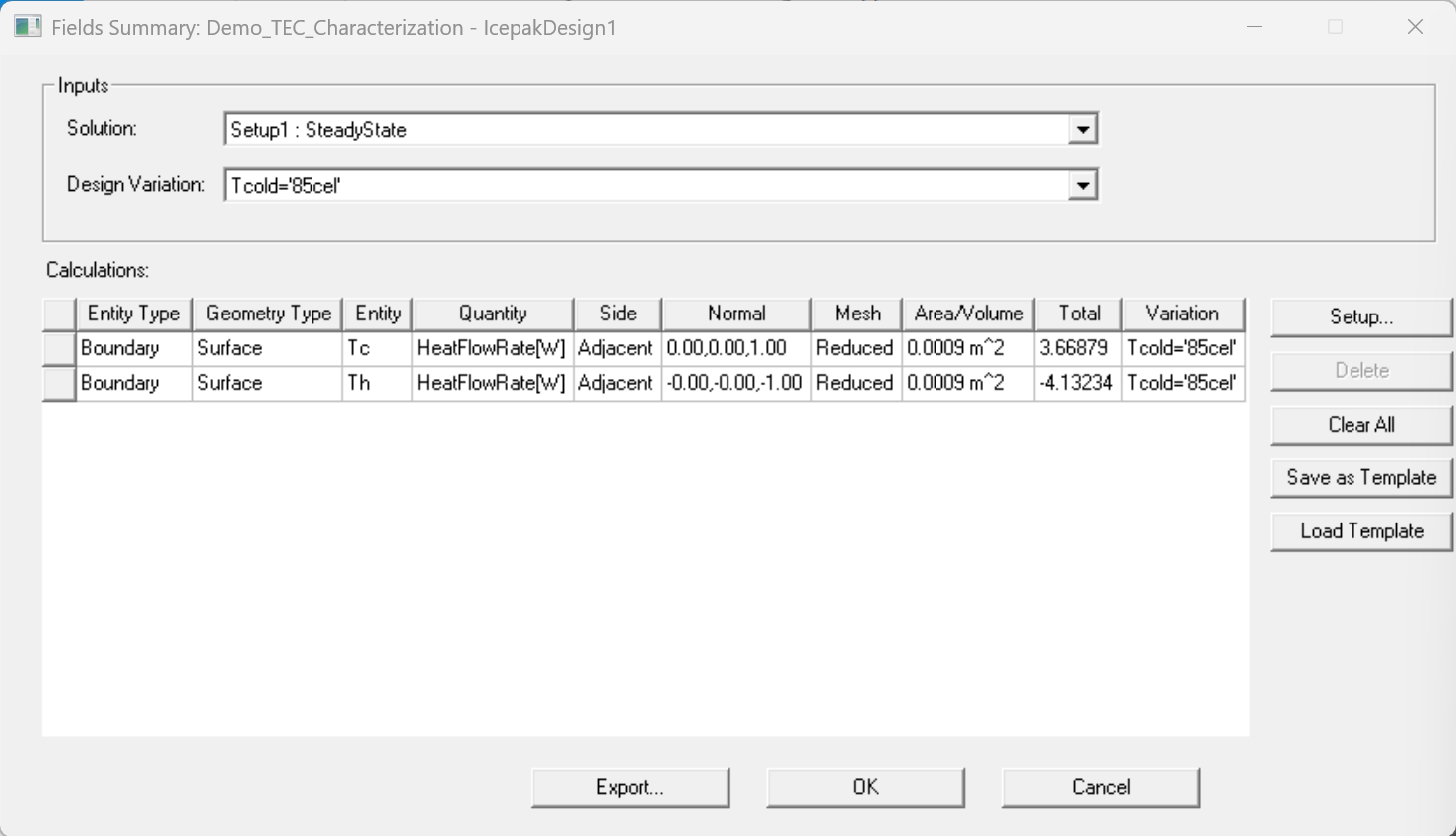 Figure 8. Fields Summary Dialog Window with the heat flow at the cold and hot side for the case ΔT= 0 °C and I= 0.2 A