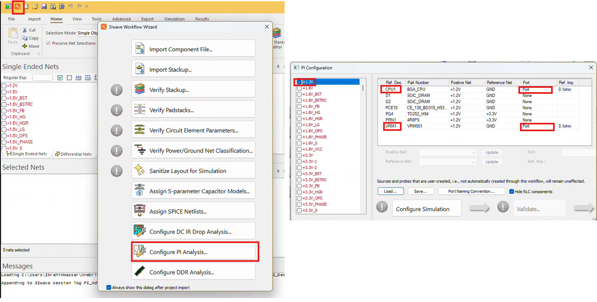 Figure 3 Ansys SIwave power integrity workflow wizard and PI configuration dialog box