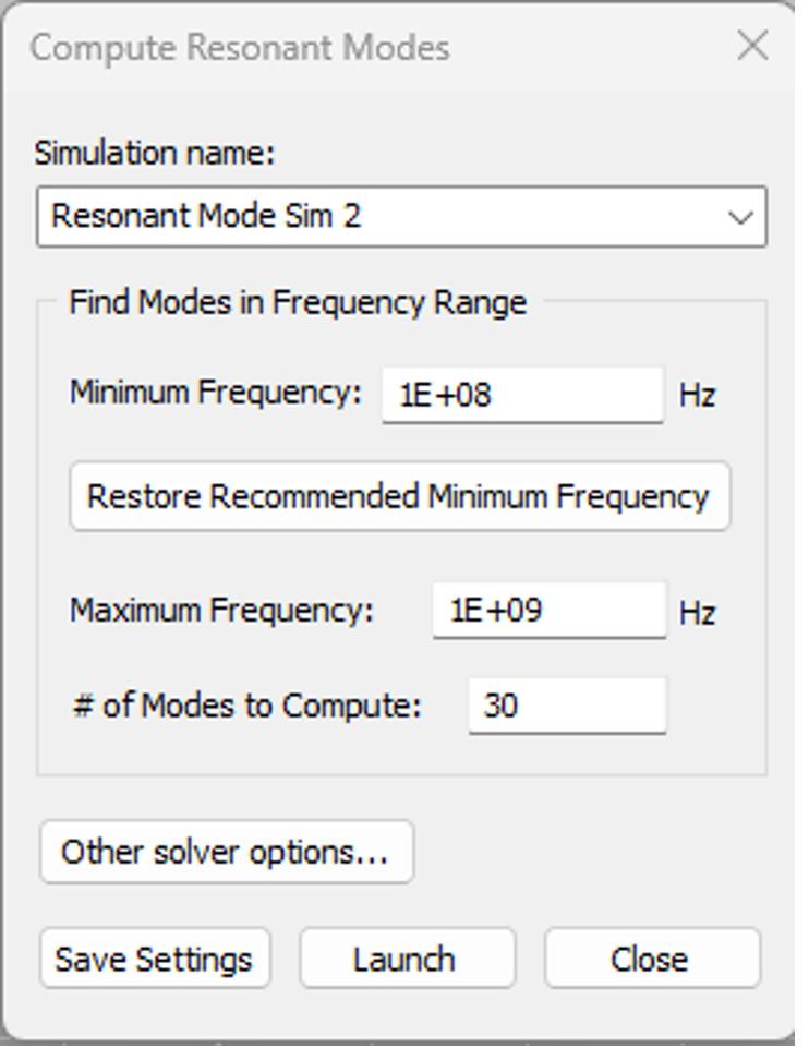 Figure 5 Resonant modes solver setup for Ansys SIwave power integrity