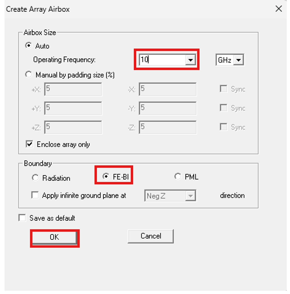 Figure 3 - Create Array Airbox dialog window.