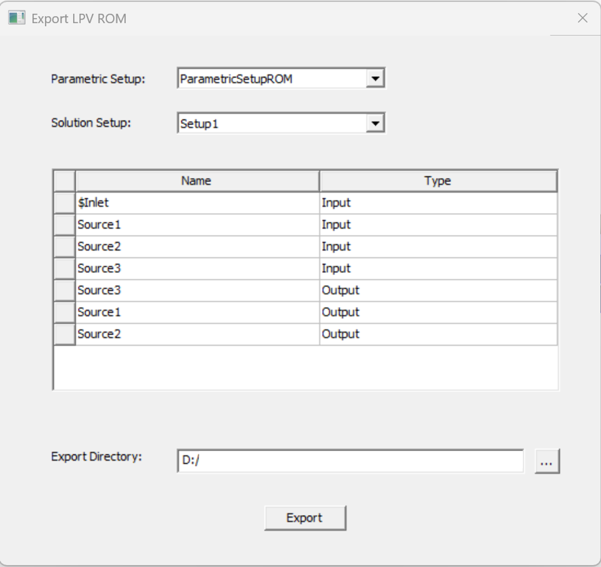 Figure 10. Export LPV ROM dialog box summarizing the inputs and outputs used for the ROM.
