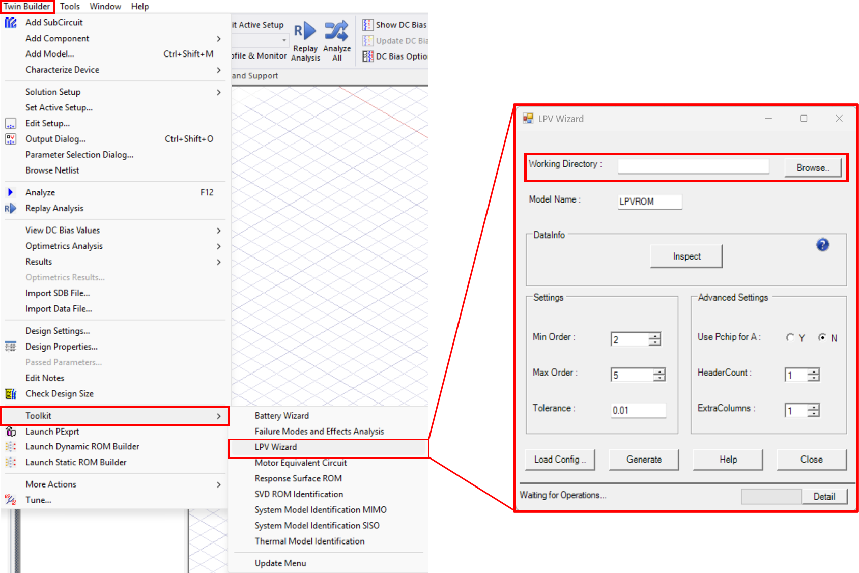 Figure 13. Modelica reduced order model creation using the LPV Wizard in Twin Builder.