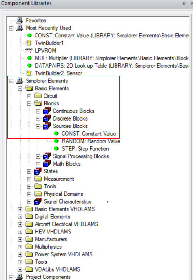 Figure 17. Location of the Constant Value block under Component Libraries.