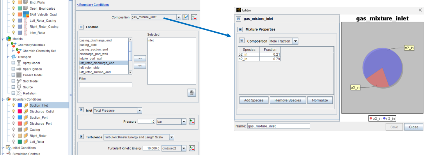 Figure 4. Inlet boundary condition setup and gas mixture definition