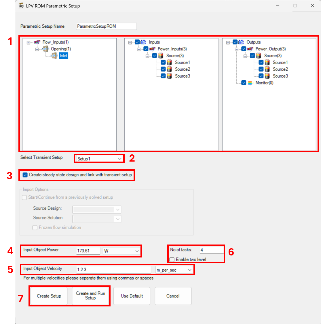 Figure 4. LPV_ROM_Parametric_Setup dialog box with the most important reduced order model options highlighted.