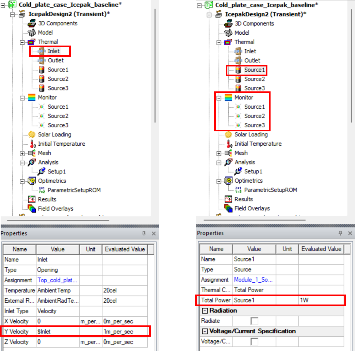 Figure 5. Review of the new configuration with variables for the inlet and the heat source for the transient case.