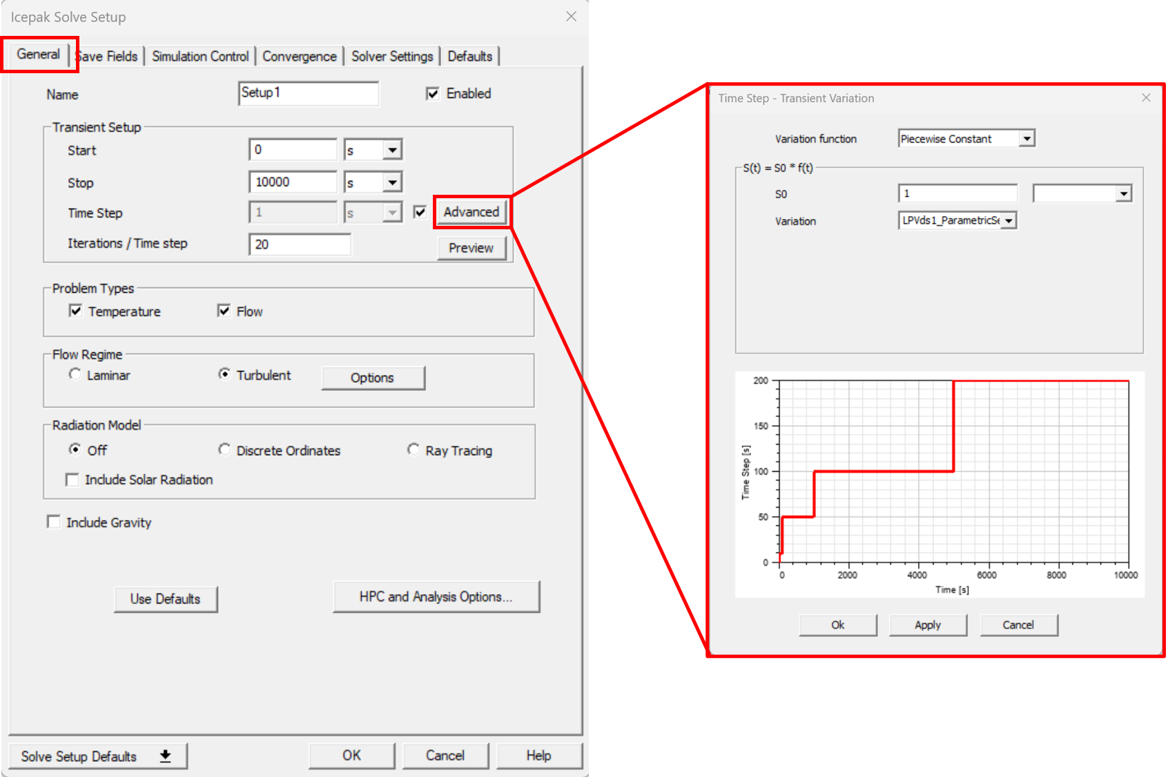 Figure 6. Icepak Solve Setup > General tab > Advanced dialog box highlighting the piecewise constant curve assigned by the LPV reduced order model toolkit.