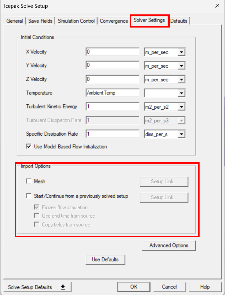 Figure 7. Icepak Solve Setup > Solver Settings highlighting the frozen flow simulation option.