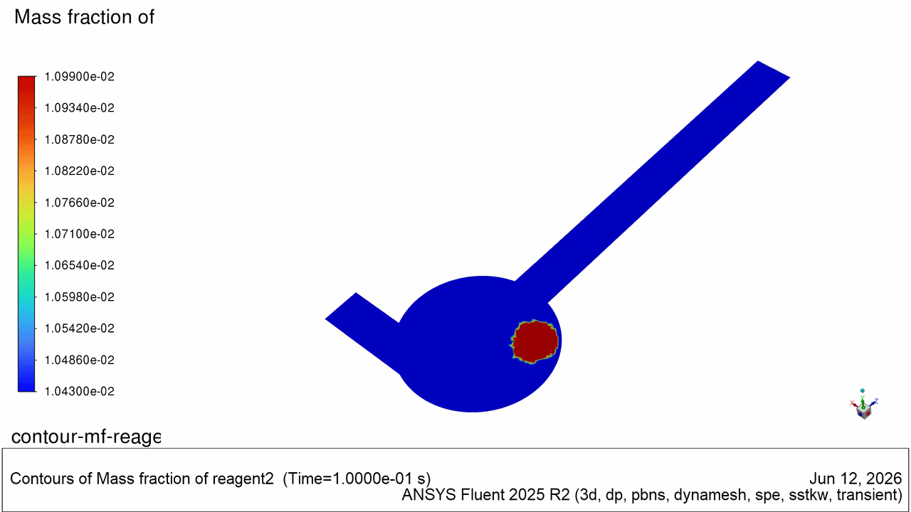 Mass Fraction of reagent 2 on center plane