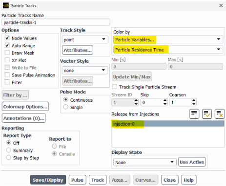 Ansys Fluent particle residence particle tracks menu