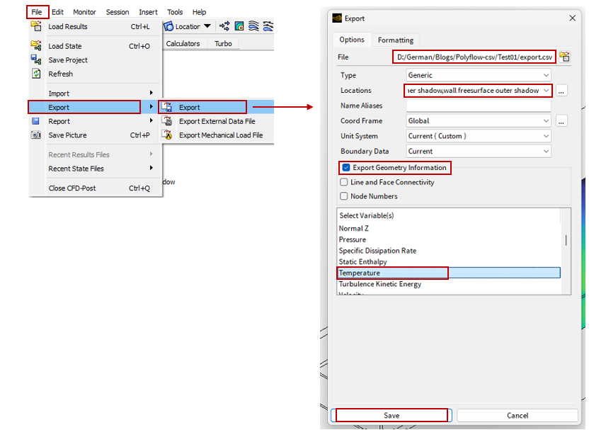 Polyflow temperature profile export instructions screen shots