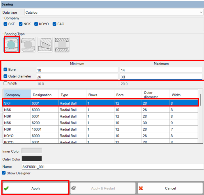 ball bearing type for Ansys Mechanical bushing joint simulation