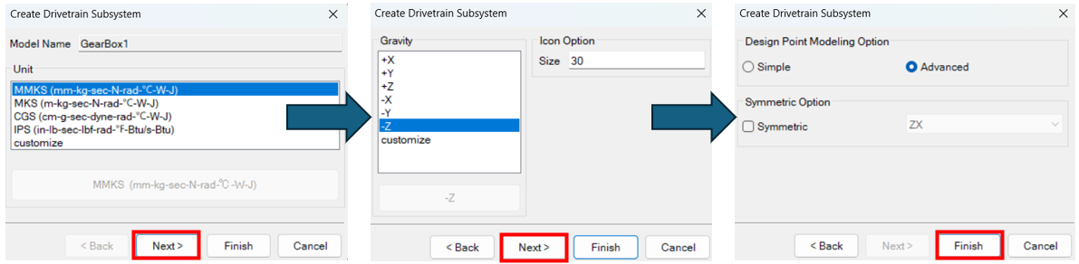 drivetrain settings screens for Ansys Mechanical bushing joint simulation