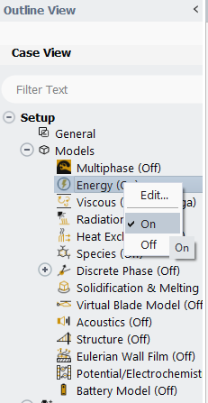 Activate the Energy equation in the Fluent Outline View
