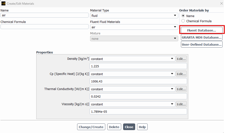 Create-Edit Materials window showing the Fluent Database button Ansys Fluent real gas mixture blog