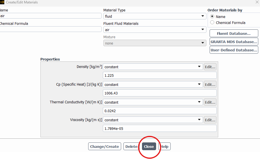 Create-Edit Materials window with Close highlighted