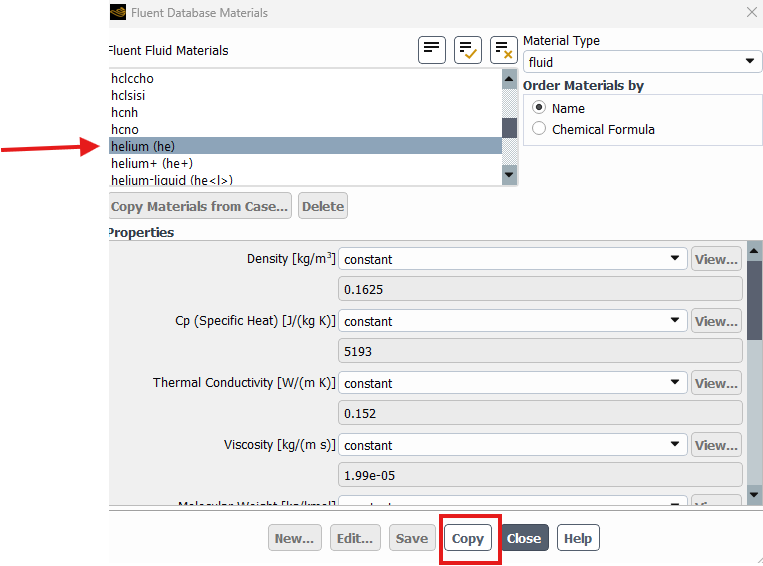 Fluent Database Materials window with helium selected and Copy highlighted