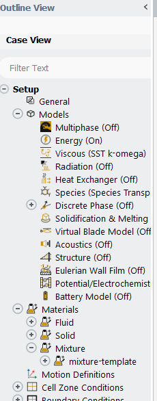 Fluent Outline View showing mixture-template under Materials - Mixture