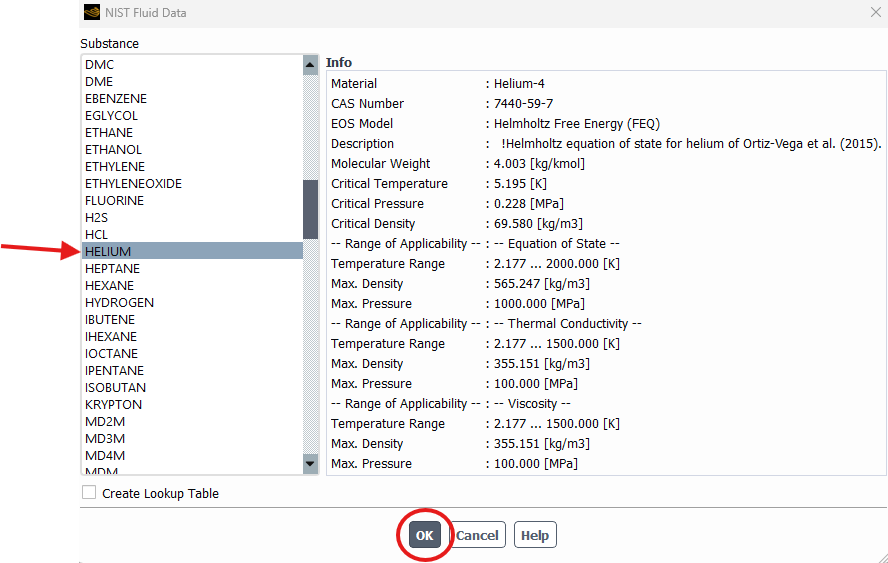 Helium material setup showing real-gas-nist selected and HELIUM chosen from the NIST Fluid Data window 2 Ansys Fluent real gas mixture