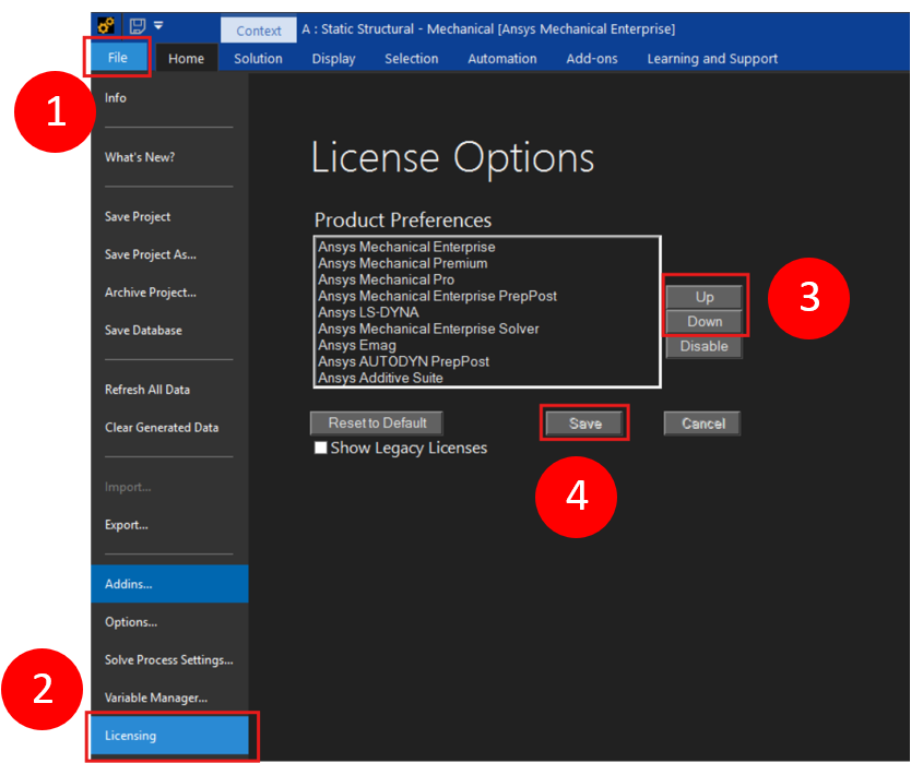 Mechanical Licensing page showing the global license priority list and controls used to reorder licenses