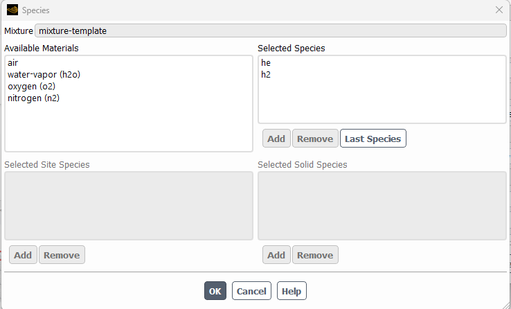 Mixture material editor and Species window showing he and h2 as the selected species Ansys Fluent real gas mixture blog