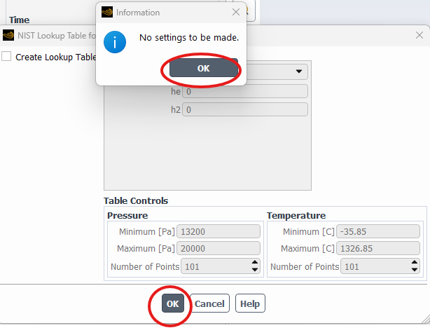 “No settings to be made” dialog and NIST Lookup Table window Ansys Fluent real gas mixture blog