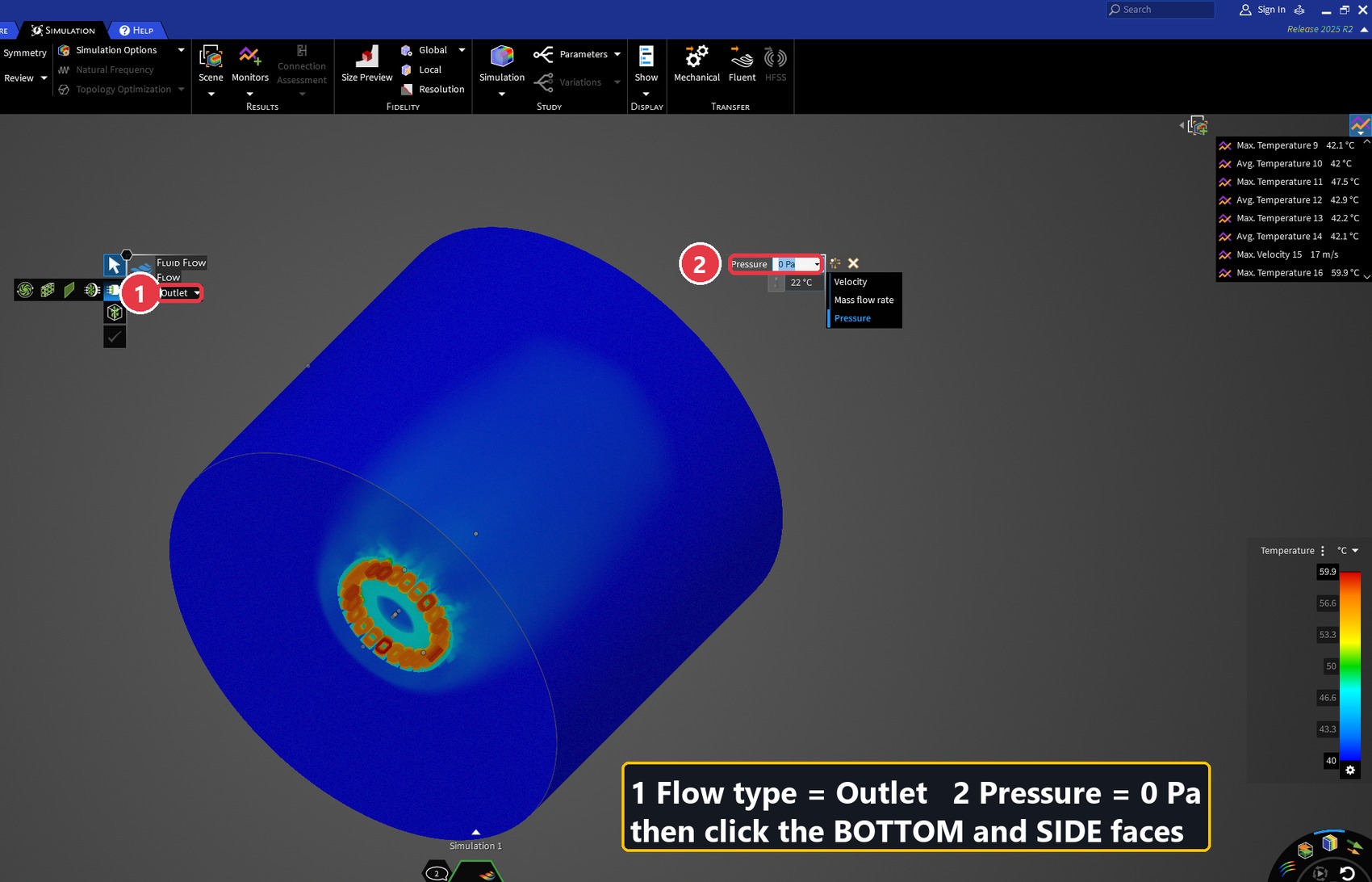 Same Flow tool, set to Outlet with Pressure