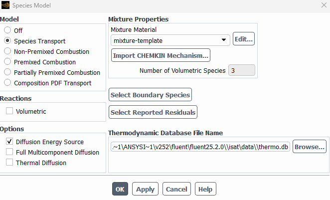 Species Model window with Species Transport selected