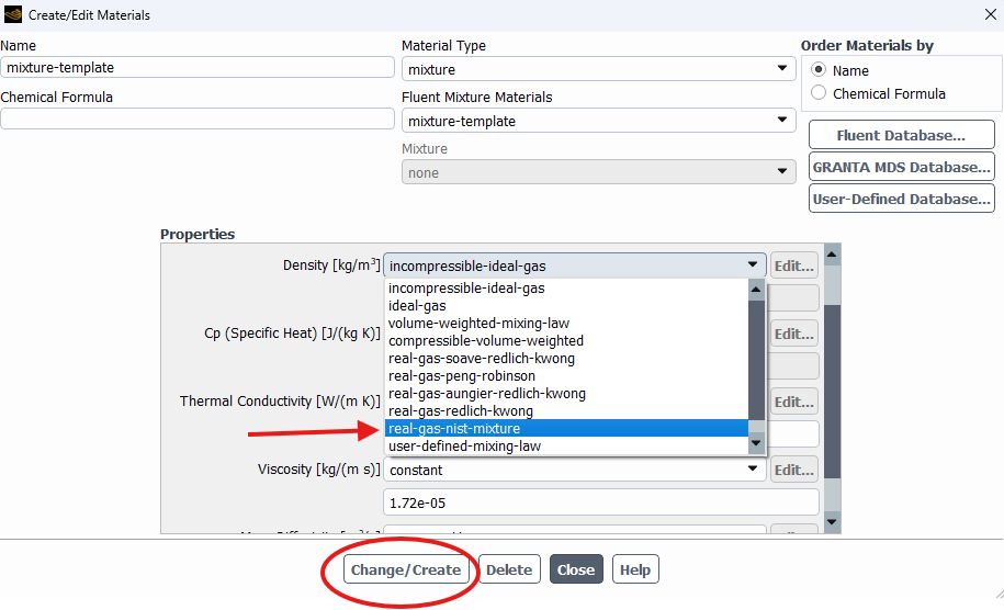 Warning message followed by the mixture density dropdown with real-gas-nist-mixture selected 2