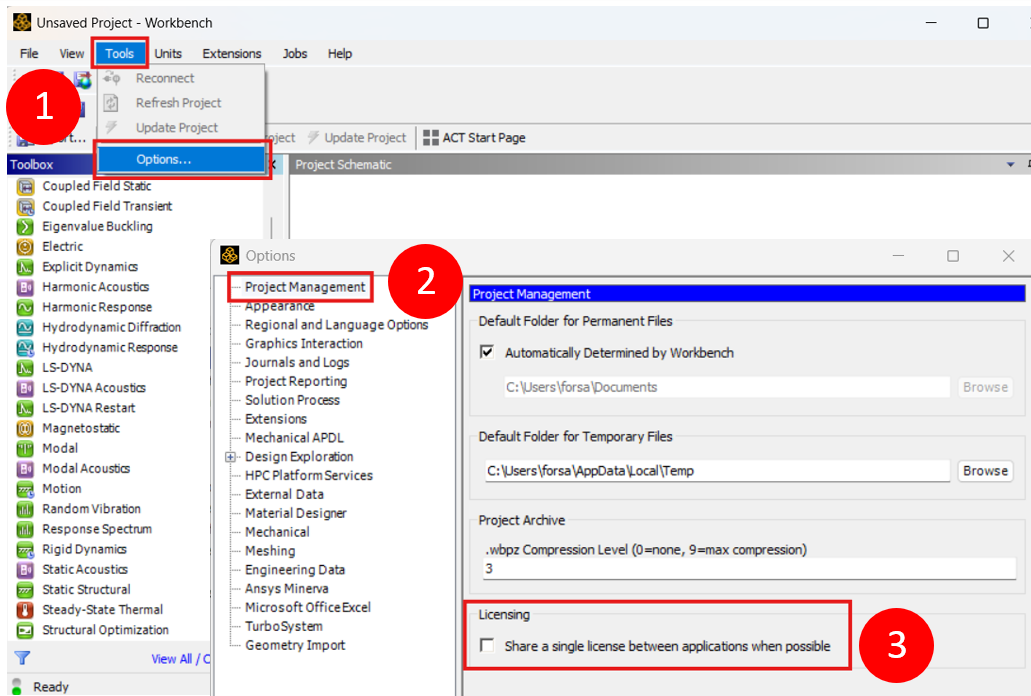Workbench Options screenshot showing the “Share a single license between applications” setting under Project Management.